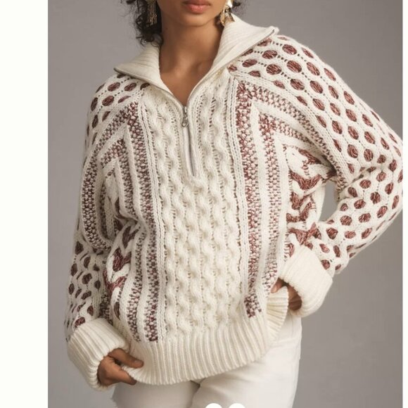 Cozy White and Brown Women's Sweater - Picture 1 of 12